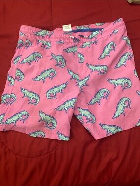 Kids Pink Alligator Print Swim Trunks